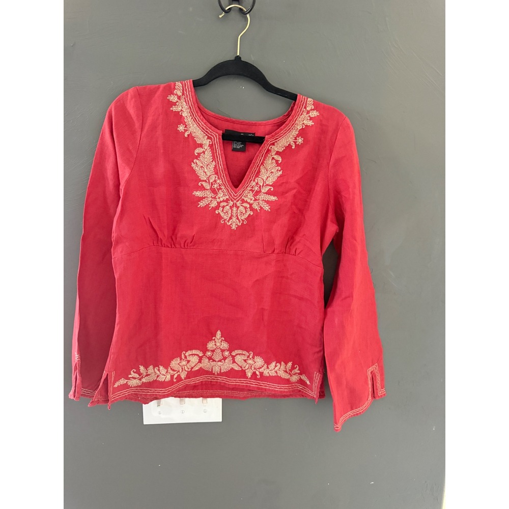 Willi Smith Womens M Red 100% Linen‎ Embroidered Empire Waist Boho Blouse Top